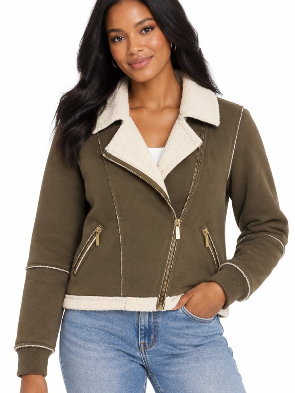 MICHAEL Michael Kors Olive Green Faux Shearling Moto Jacket M